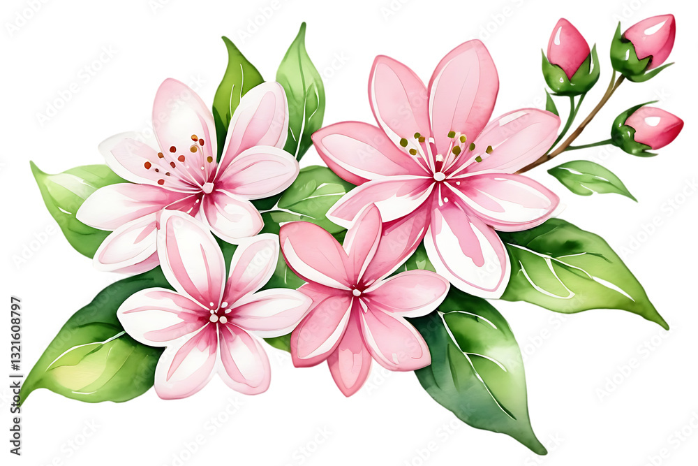 Fototapeta premium Watercolor Cherry Blossom Floral Arrangement with Pink Flowers and Green Leaves