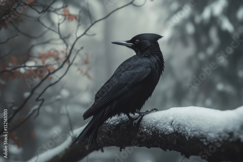 A black bird sits comfortably on the top of a tree branch, looking around with curiosity