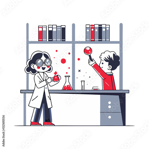 Vector illustration of two young scientists conducting experiments in a laboratory, symbolizing chemistry, education, and scientific discovery.