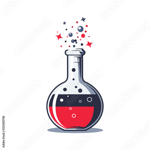 Vector illustration of a bubbling round-bottom flask with red and black liquid, symbolizing chemistry, science experiments, and laboratory research.