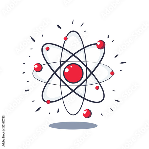 Vector illustration of an atom with orbiting electrons, symbolizing science, physics, energy, and molecular structure in a modern design.