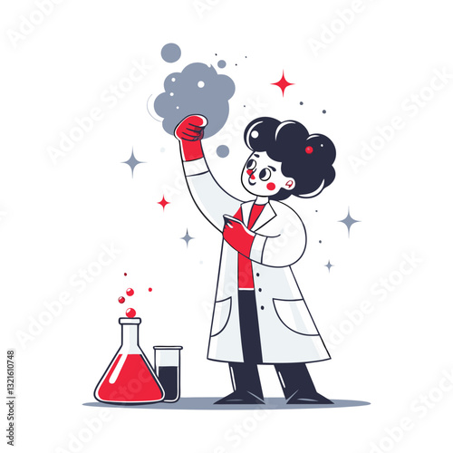 Vector illustration of a cheerful scientist conducting an experiment with bubbling flasks, symbolizing chemistry, research, and scientific discovery.