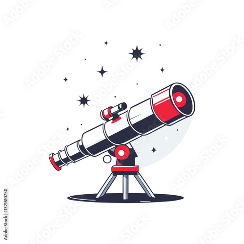 Vector illustration of a telescope on a tripod pointed at the night sky, symbolizing astronomy, space exploration, and stargazing in a modern design.