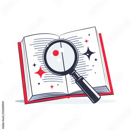 Vector illustration of an open book with a magnifying glass highlighting text. Perfect for research, education, knowledge, and discovery themes.