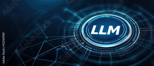 LLM, AI large language model. Futuristic digital representation of LLM technology with a blue background and abstract network design.