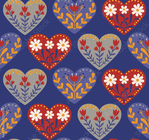 Seamless background with bright hearts in folk style. Pattern with beautiful bohemian elements