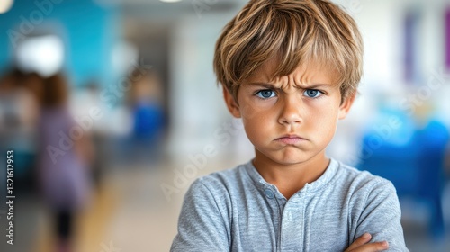 A young boy with tousled blonde hair and a frown stands with crossed arms in what appears to be a bright classroom. His serious expression captures a moment of frustration or discontent