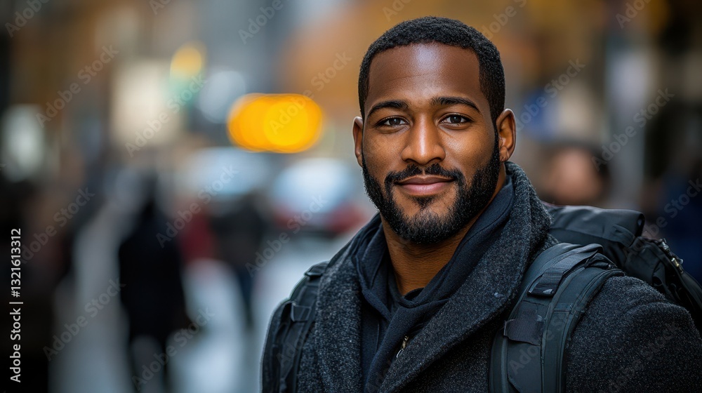 Fototapeta premium A confident young man with a beard stands smiling against a blurred urban background. He wears a black coat and a backpack, showcasing a vibrant city atmosphere