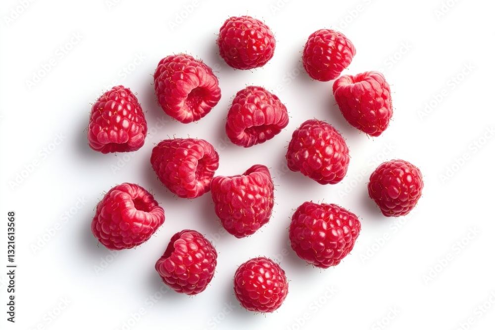 Fresh raspberries on white background, top view, high-contrast commercial product photography, e-commerce food showcase Fresh raspberries on white background, top view, high-contrast commercial product photography, e-commerce food showcase