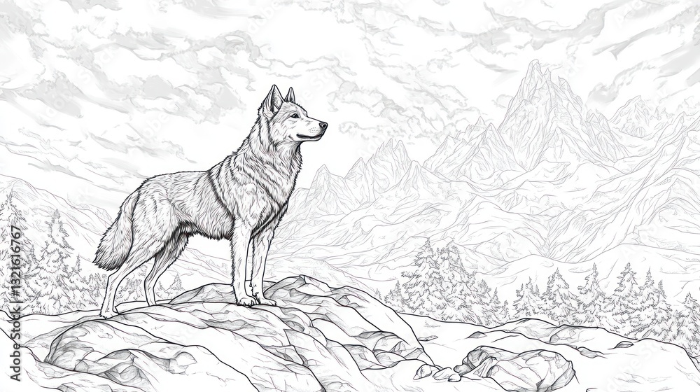 Fototapeta premium Majestic wolf on mountain peak, scenic background, nature art, coloring book page