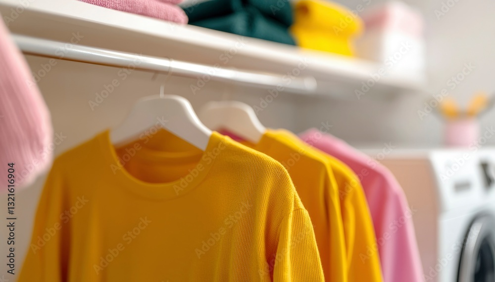 Obraz premium Colorful clothes on hangers in a modern closet