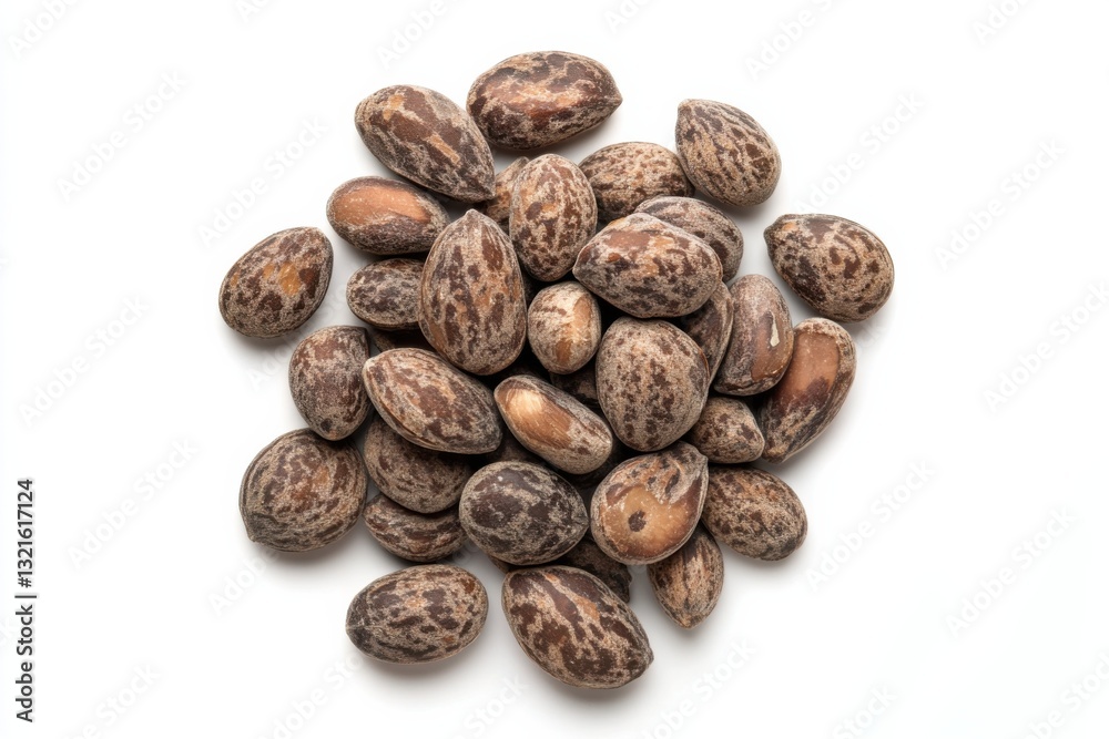 Pile of almonds, top view, isolated on white background, high contrast, commercial product photography Pile of almonds, top view, isolated on white background, high contrast, commercial product photography
