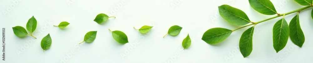 Fototapeta premium Delicate Acacia leaves scattered on a white surface, flora, green, nature