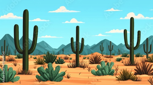 Illustration of a desert landscape with towering cacti, expansive sandy terrain, and distant mountains under a clear blue sky. A serene depiction of arid beauty and tranquility.
