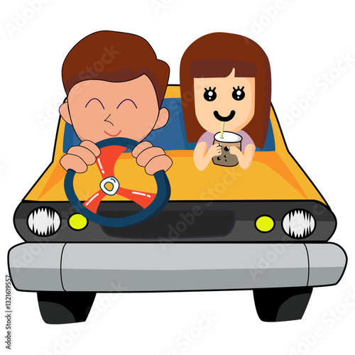 Cartoon man and woman Driving in a Car