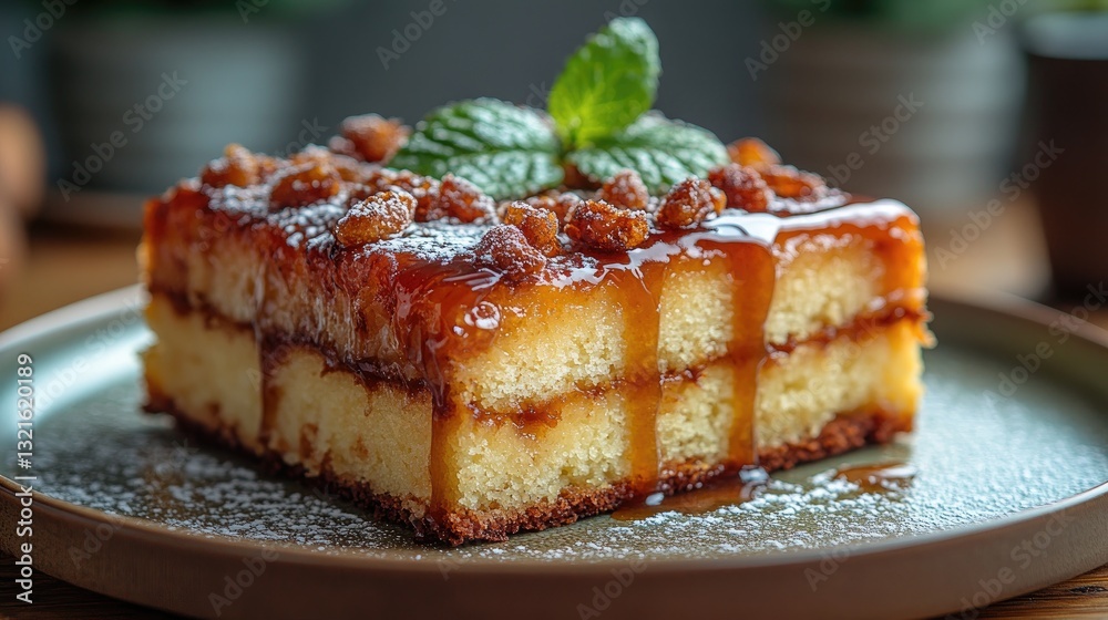 A rectangular slice of creamy dessert with a glossy yellow topping sits on a light blue rectangular plate. A rectangular slice of creamy dessert with a glossy yellow topping sits on a light blue rectangular plate.