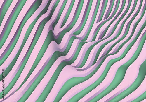 Wavy lines create an abstract landscape of purple and green on a black background in a vibrant design