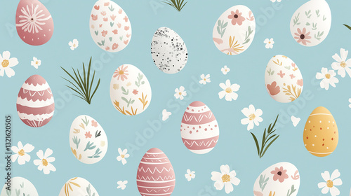 Colorful Easter eggs surrounded by blooming flowers on a soft blue background