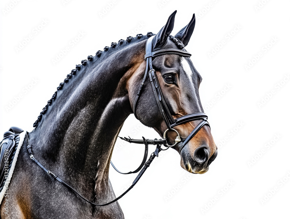 Fototapeta premium Horse in bridle posing against a plain background in daylight