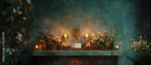 A decorative mantle with candles and flowers, ideal for special occasions or as a centerpiece