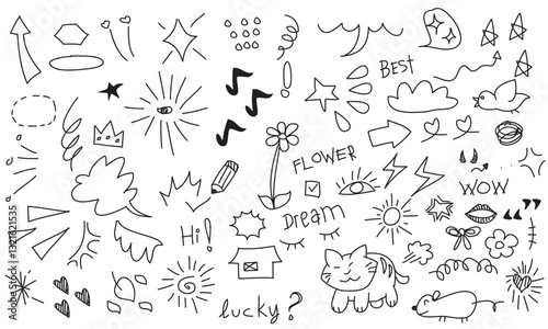 Doodle cute glitter pen line elements. Hand Drawn. Simple sketch line Vector illustration.