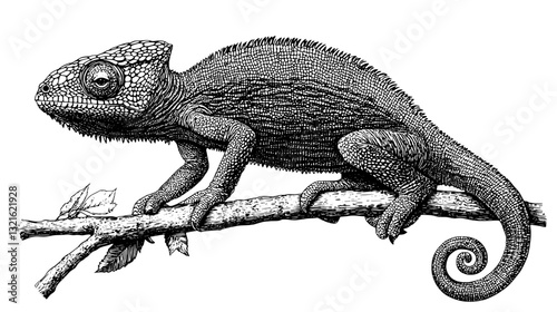 Intricate engraving of a chameleon perched on a branch, showcasing detailed textures and artistic flair for unique tattoo designs