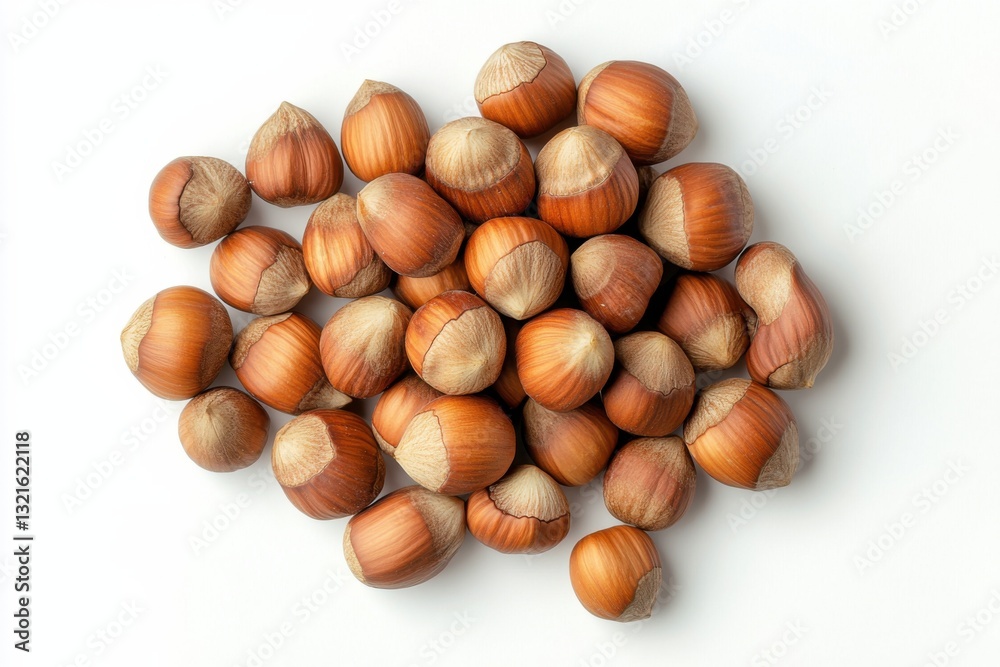 Pile of hazelnuts, isolated on white background, top view, high contrast, commercial product photography Pile of hazelnuts, isolated on white background, top view, high contrast, commercial product photography