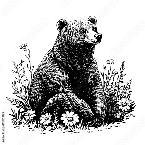 Detailed engraving of a bear surrounded by wildflowers, capturing the essence of nature in a unique tattoo style