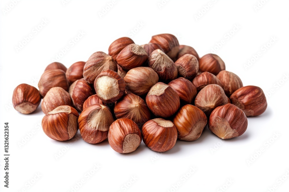 Pile of hazelnuts, top view, isolated on white background, high contrast, commercial product photography Pile of hazelnuts, top view, isolated on white background, high contrast, commercial product photography