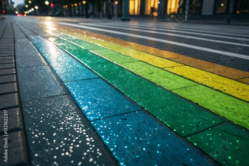 rain on the street, colored wet road close up