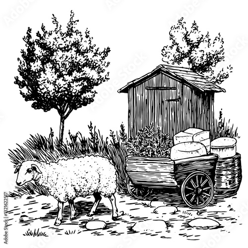 Engraved illustration of a sheep pulling a cart filled with cheese near a rustic shed surrounded by trees