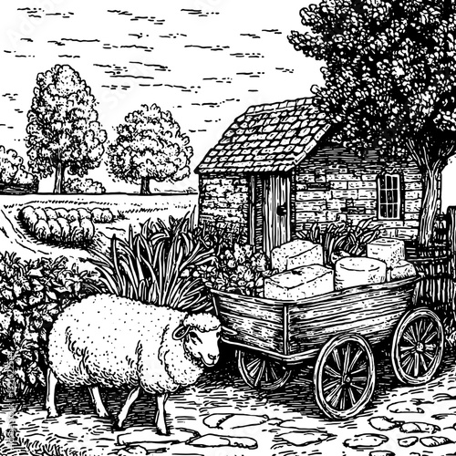 Charming rural life with a sheep and a cart full of cheese beside a cozy cottage surrounded by lush greenery