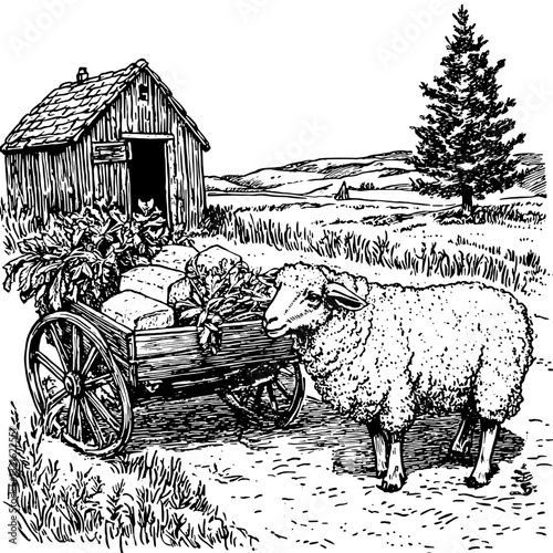 Charming engraving of a sheep alongside a cart filled with fresh produce near a rustic barn in a serene countryside setting