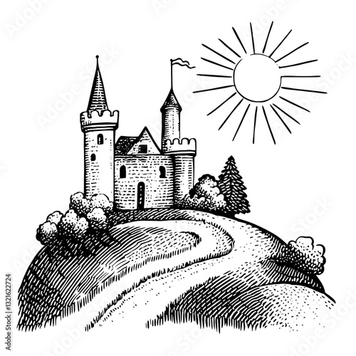 Engraved castle illustration with sun and trees suitable for tattoo design or packaging concepts