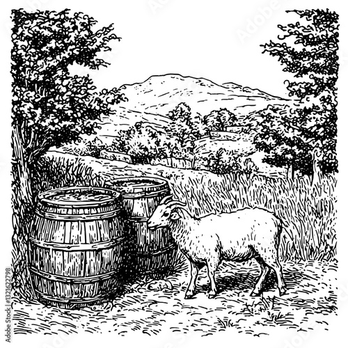 Engraved illustration of a sheep near barrels in a scenic mountain landscape capturing rustic charm and pastoral life