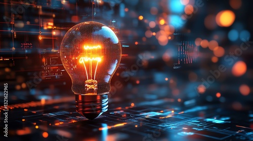 An illuminated light bulb representing innovation, surrounded by creative symbols like coding brackets, algorithms, and digital screens, glowing brightly on a hightech platform