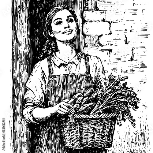 Engraved vector illustration showcasing a woman joyfully carrying a basket of freshly harvested vegetables