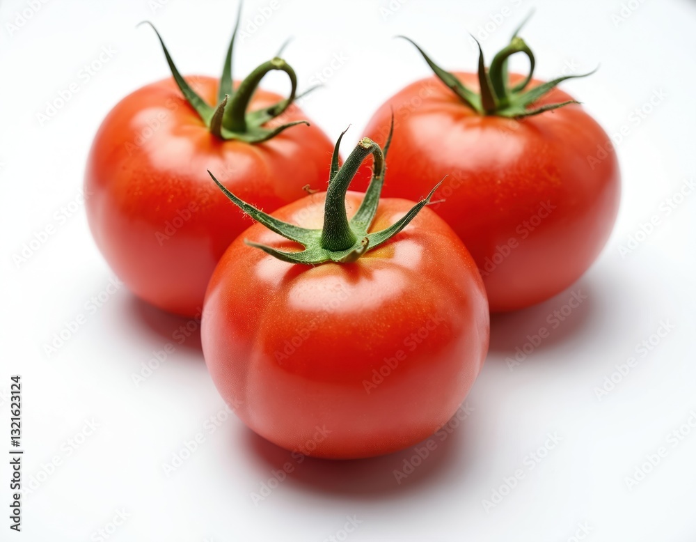 Studio photo features three fresh ripe red tomatoes isolated on white background. Shiny antioxidant rich raw vegetables stacked in group. Tasty food ingredient, nutrient nourishment for healthy Studio photo features three fresh ripe red tomatoes isolated on white background. Shiny antioxidant rich raw vegetables stacked in group. Tasty food ingredient, nutrient nourishment for healthy