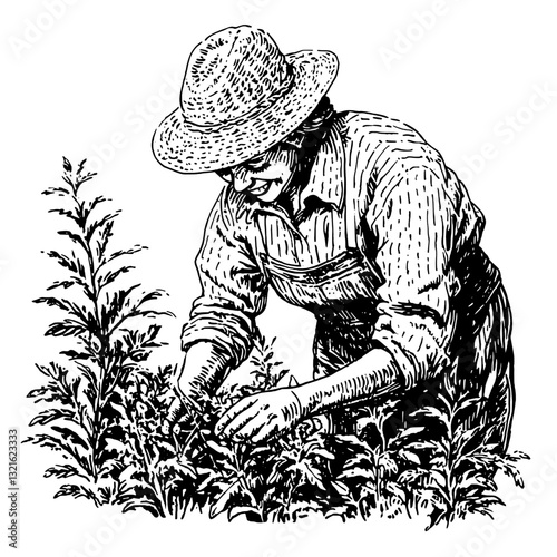 Engraved illustration capturing a gardener tending to flowering plants on a sunny day in a lush garden setting