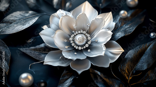 3D wallpaper, an elegant white flower with pearls and diamonds, baroque-style leaves on the background