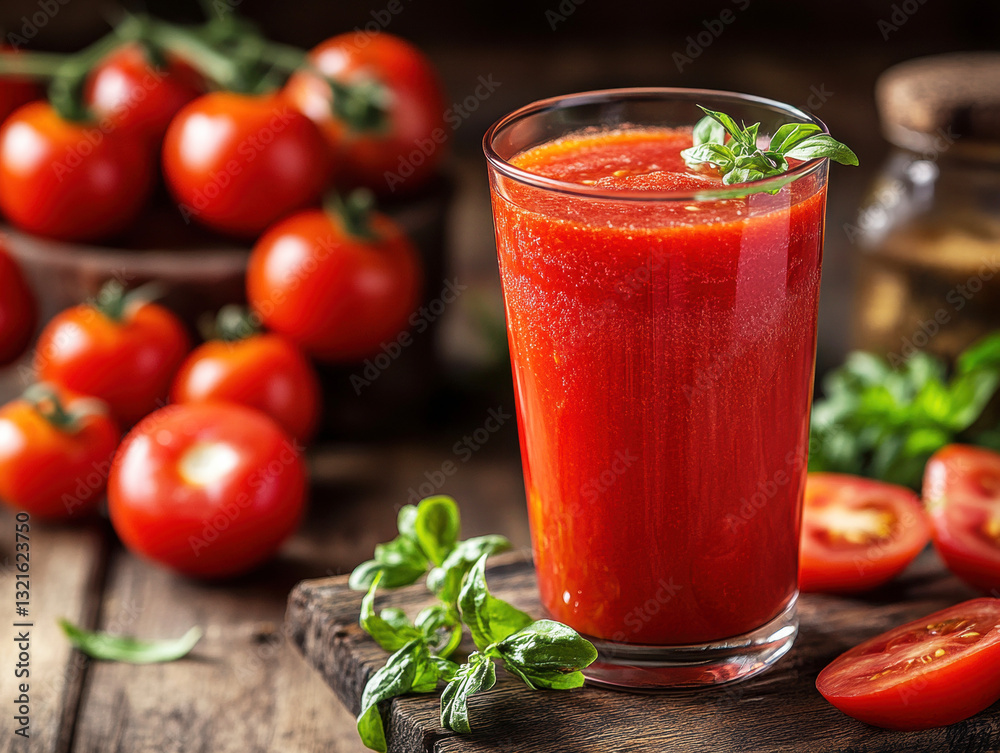 Fresh tomato juice served in a glass with ripe tomatoes nearby Fresh tomato juice served in a glass with ripe tomatoes nearby