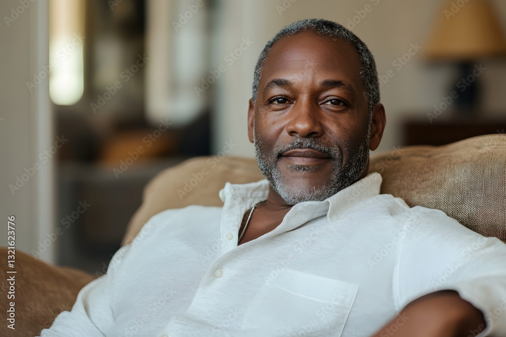 Obraz premium A mature man sitting on a couch and looking at the camera.
