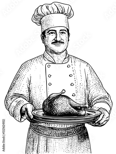 Engraved illustration of a chef presenting a roasted turkey on a silver platter for festive celebrations or culinary designs