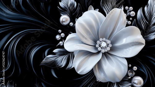 3D wallpaper, an elegant white flower with pearls and diamonds, baroque-style leaves on the background