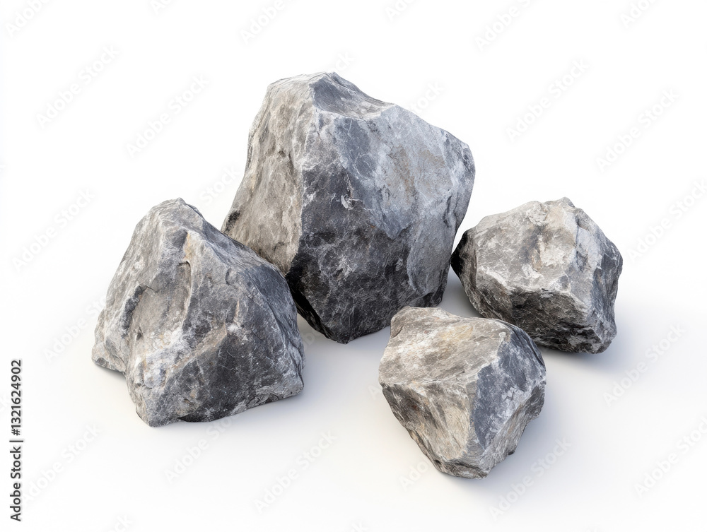 Natural gray rocks arranged on a white surface in bright setting Natural gray rocks arranged on a white surface in bright setting