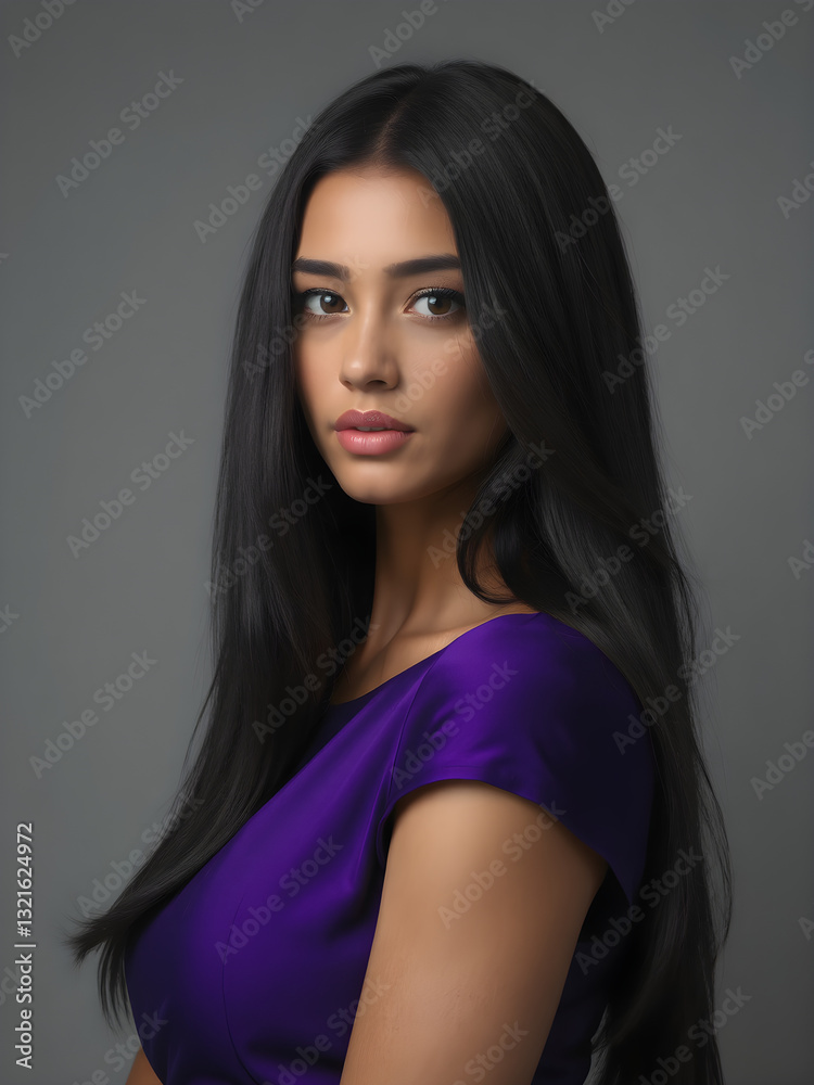 Fototapeta premium Sofisticación absoluta en un retrato con un vestido morado majestuoso.