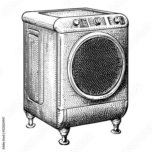 Detailed engraved illustration of a vintage styled washing machine for artistic tattoo designs and packaging concepts