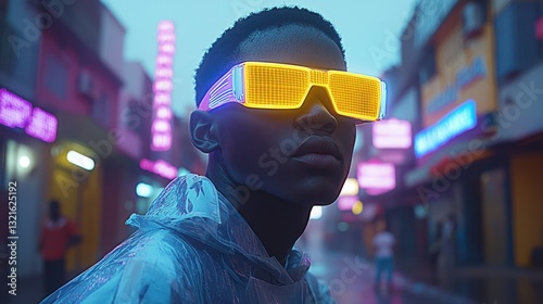 A young individual wearing futuristic neon sunglasses poses confidently in an urban setting. The street is illuminated with colorful lights, creating a lively nightlife atmosphere