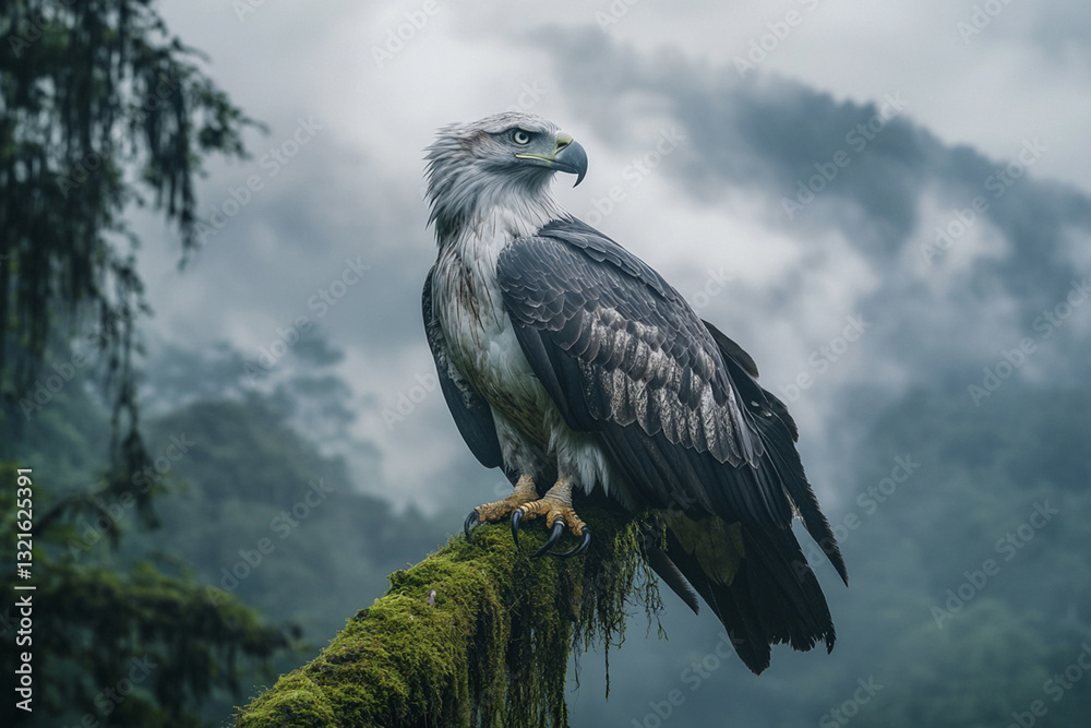 Fototapeta premium Majestic eagle perched on a moss-covered branch in a misty forest during early morning light