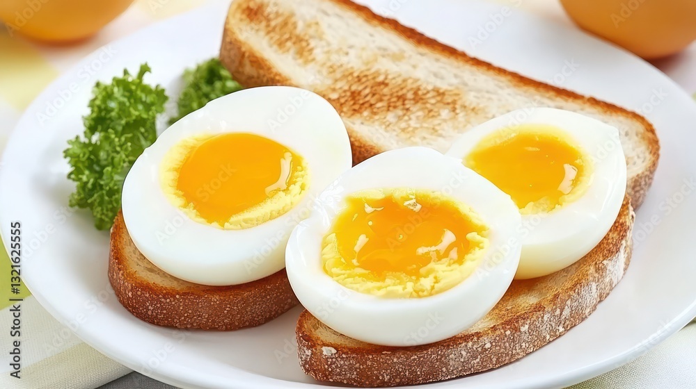 Soft-boiled eggs on toast, breakfast plate Soft-boiled eggs on toast, breakfast plate